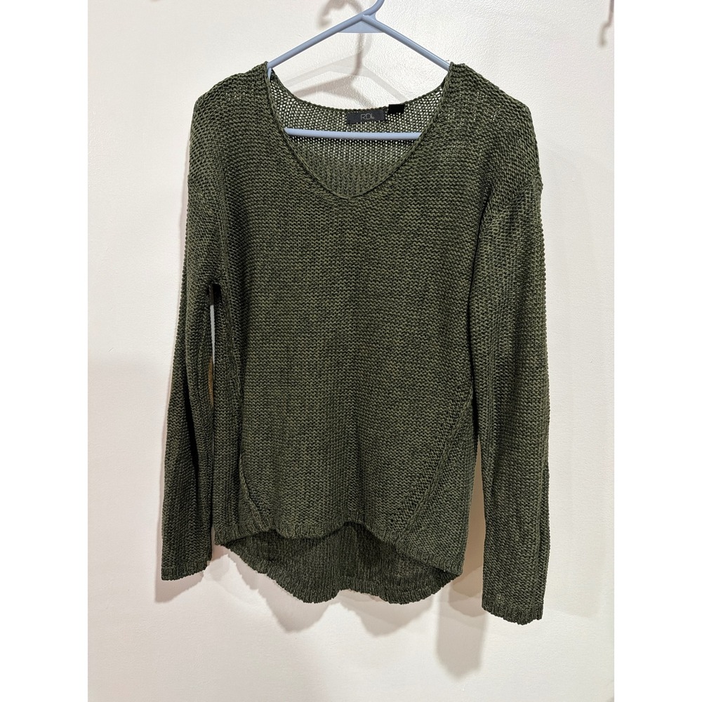 RDI Olive Green V-Neck Loose Knit Sweater Quilted Elbow Patches M Rustic Cabin